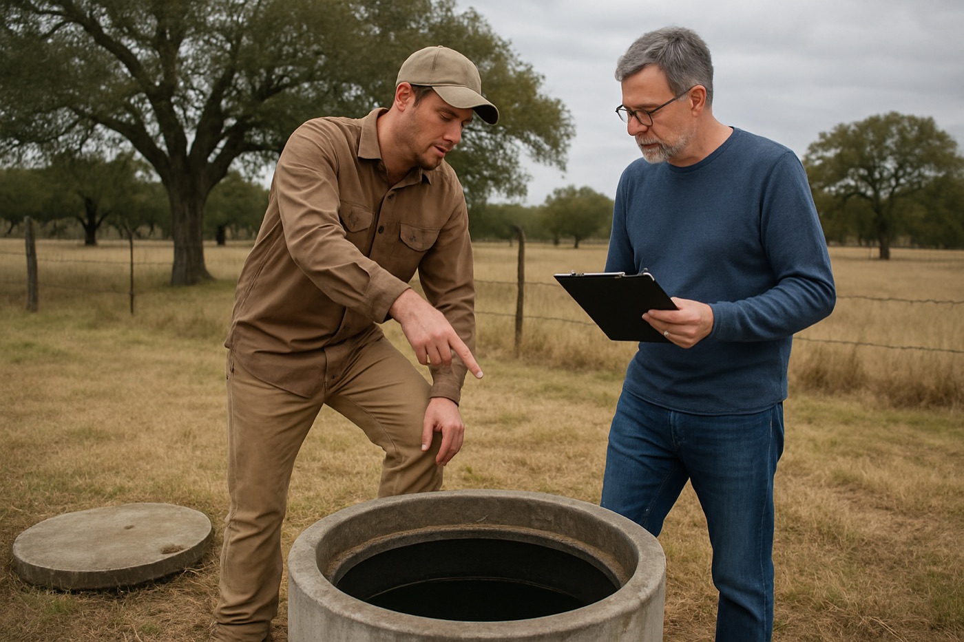 Septic inspector examining an open tank with excavated lids at a rural property near Elgin, Texas