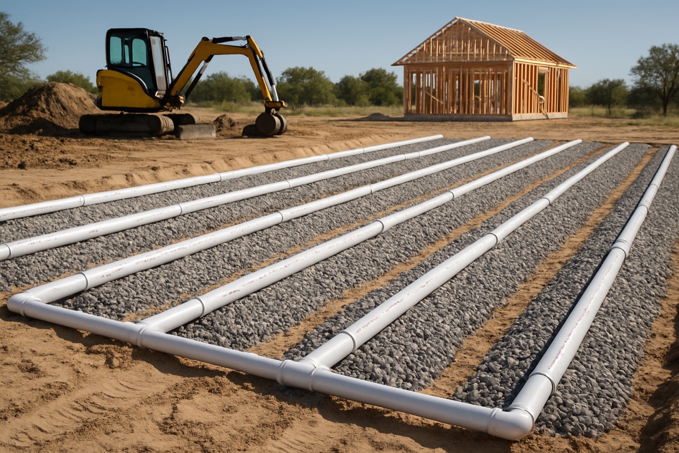New septic tank being set by excavator at a home construction site in Bastrop County, Texas