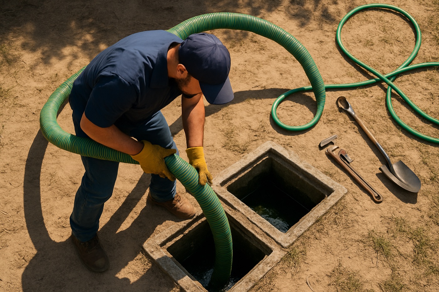 Septic vacuum truck pumping a tank at a country home near Elgin, Texas